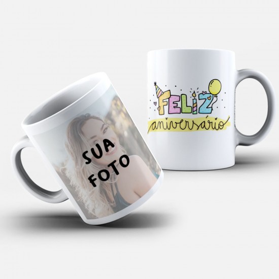 Caneca Personalizada Com Foto + Feliz Aniversário (Mod. 2)